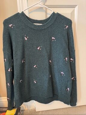 Madewell Teal Knit Crewneck Sweater with Pink Floral Dots embroidered